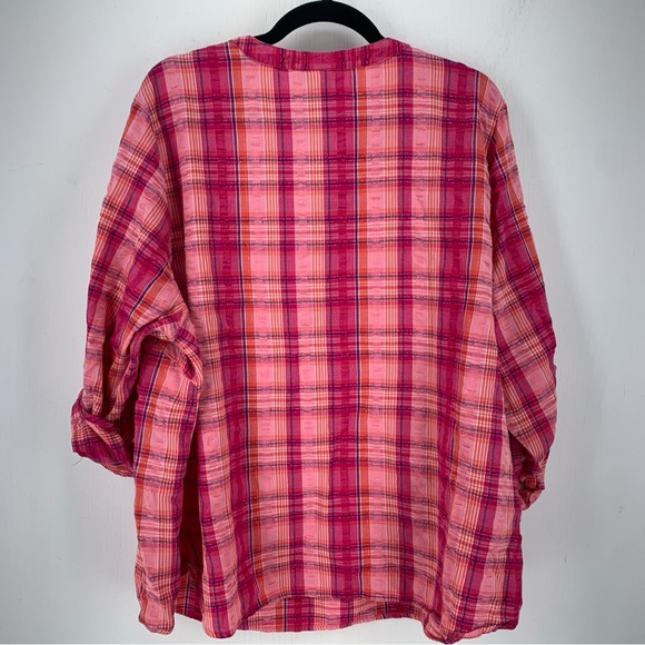 Catherine’s Womens 3X Popover Blouse Top Pink Plaid Roll Tab Sleeves Sequins - Picture 7 of 9